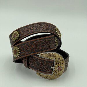 Ariat Tooled Leather Belt XL Metal Sunflower Medallions Removable Buckle EUC
